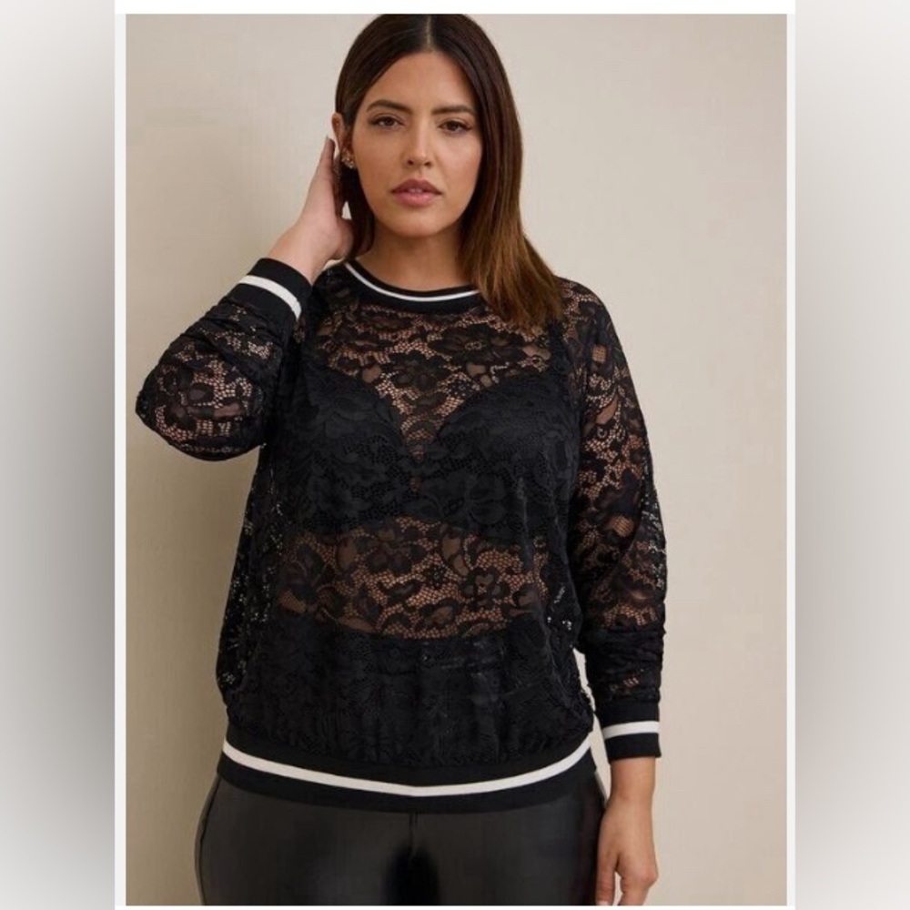 Stretch lace rib, trim, crewneck Raglan sweatshirt. Torrid.